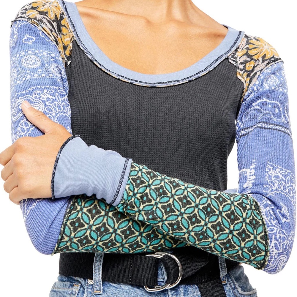 Free People NWT 
Multicolor Patchwork Long Sleeve Top